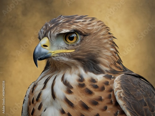 Close-up of a hawk with a golden background, showcasing its sharp beak and intense eyes