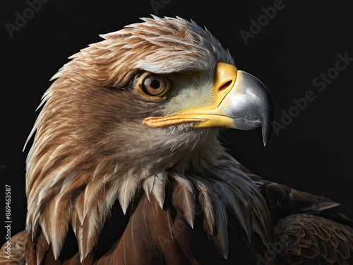 Hawk with detailed feathers and intense gaze against a dark background