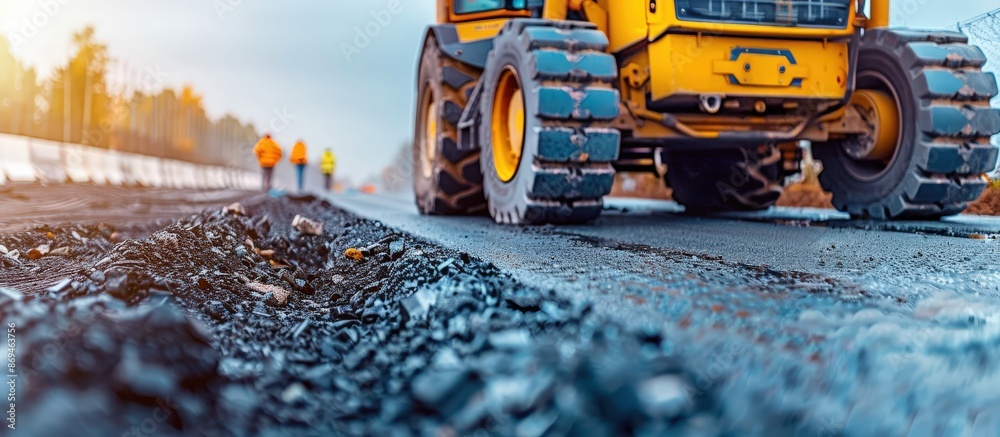 Close-up of heavy machinery working on road construction with workers in safety gear in the background on a sunny day. Close-up of heavy machinery working on road construction with workers in safety gear in the background on a sunny day.