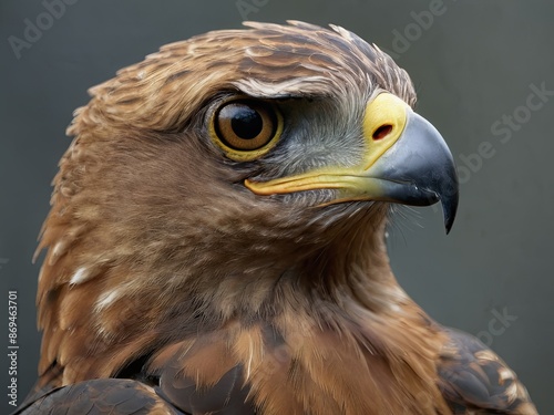 Hawk with a piercing gaze and detailed feathers against a muted background