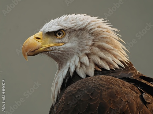 Bald eagle with a regal profile against a soft background showcasing its powerful features