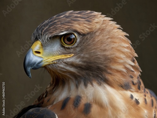 Hawk with a fierce expression and detailed feathers against a dark background