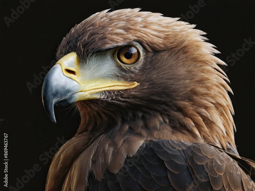 Close-up of a hawk against a black background highlighting its sharp features and piercing eyes