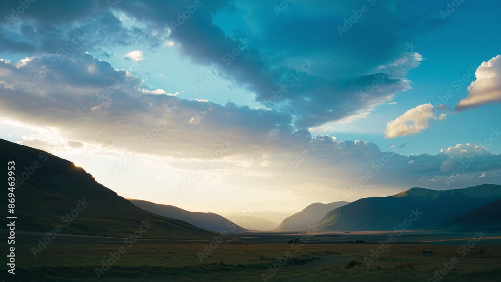Stunning cloudy sky in the mountains, with atmospheric light breaking through the clouds. Landscape photography, natural beauty, Nature, environment, climate change concepts. Stunning cloudy sky in the mountains, with atmospheric light breaking through the clouds. Landscape photography, natural beauty, Nature, environment, climate change concepts.