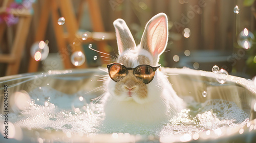 Humorous white rabbit with sunglasses lounging in a hot tub filled with bubbles, shot on a Canon EOS R6 with a 24-70mm lens.