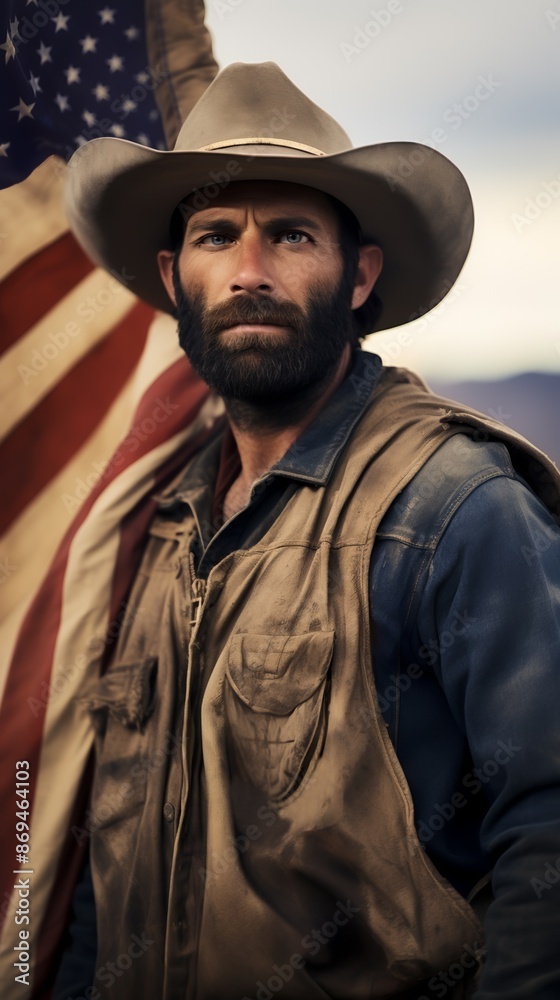 A rugged man with a beard, wearing a cowboy hat and vest, stands in front of an American flag.