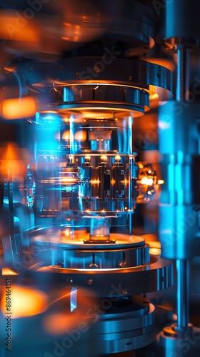 Closeup of a fusion reactor model, highlighted with blue and orange lights, emphasizing advanced energy technology