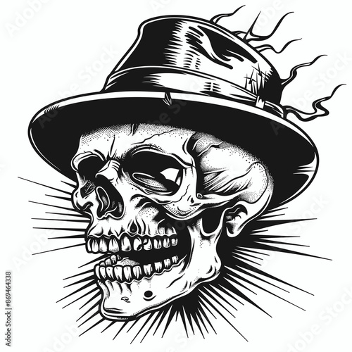 A skull with a hat on it. The skull is wearing a hat and has a smile on its face