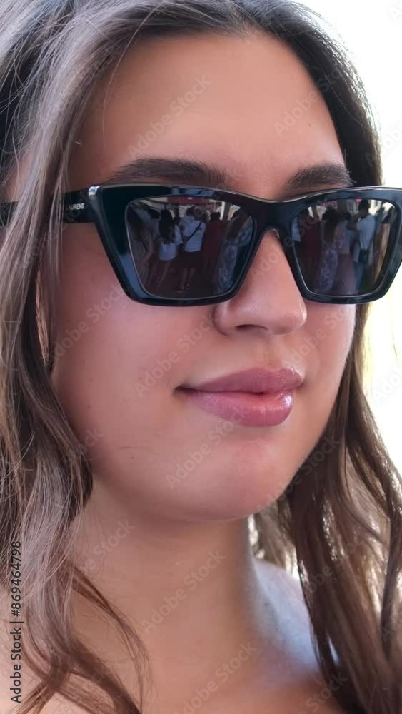 Woman in sunglasses. summer portrait on blue sky mockup for holiday and outdoor fashion promotion in sunshine. Happy, eyewear and face of woman at sea or ocean on vacation in cool wind Woman in sunglasses. summer portrait on blue sky mockup for holiday and outdoor fashion promotion in sunshine. Happy, eyewear and face of woman at sea or ocean on vacation in cool wind
