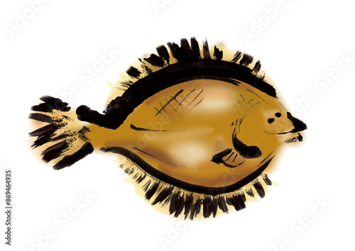 魚のカレイの手書き和風筆イラスト素材