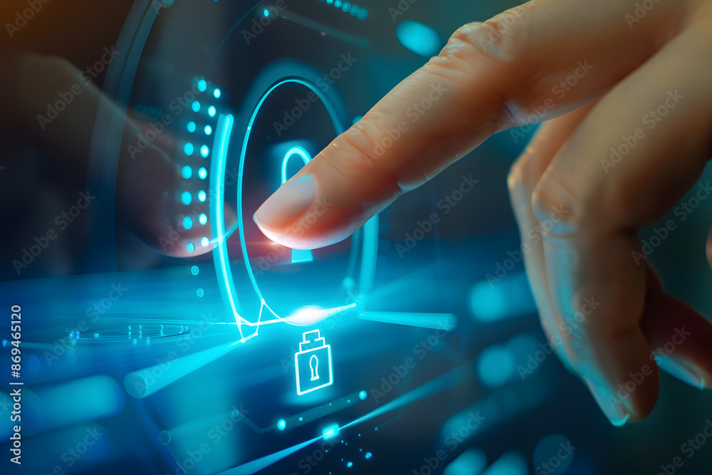 Hand pressing virtual security interface with glowing padlock icon, symbolizing cybersecurity, digital protection. The futuristic interface features various tech elements importance of data security Hand pressing virtual security interface with glowing padlock icon, symbolizing cybersecurity, digital protection. The futuristic interface features various tech elements importance of data security