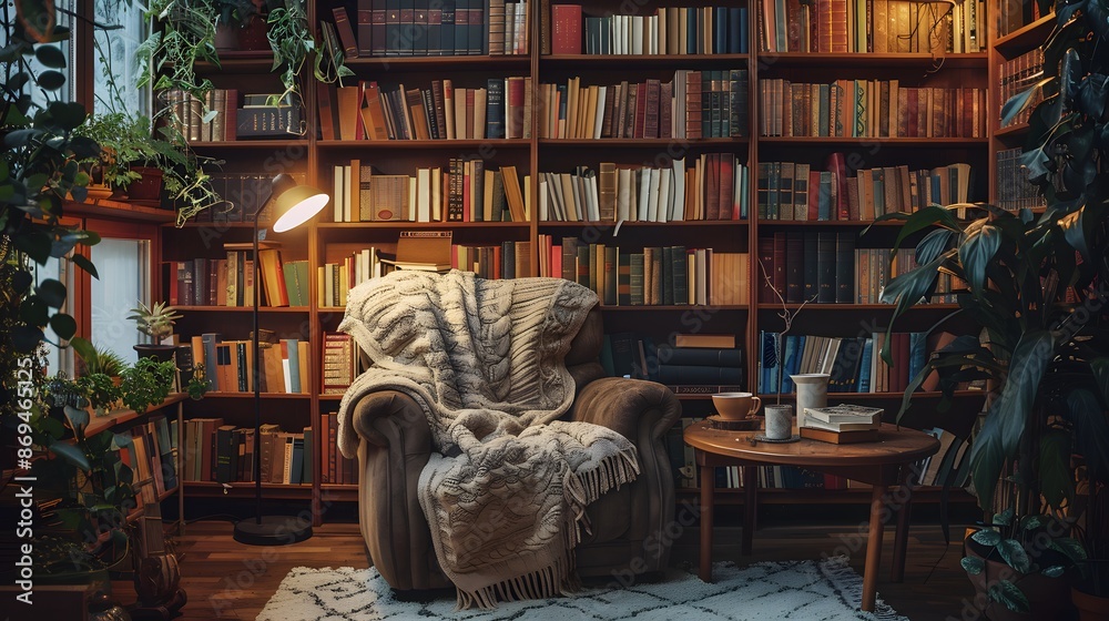 Cozy reading nook with floor-to-ceiling bookshelves filled with books, a plush, oversized armchair and a soft, knitted throw. perfect for losing oneself in the pages of a good book. Cozy reading nook with floor-to-ceiling bookshelves filled with books, a plush, oversized armchair and a soft, knitted throw. perfect for losing oneself in the pages of a good book.