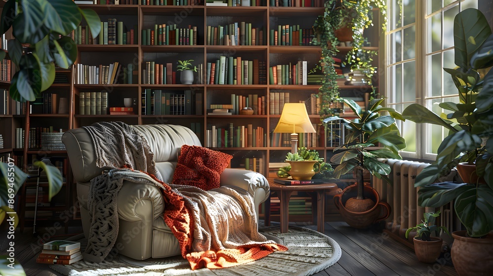 Cozy reading nook with floor-to-ceiling bookshelves filled with books, a plush, oversized armchair and a soft, knitted throw. perfect for losing oneself in the pages of a good book. Cozy reading nook with floor-to-ceiling bookshelves filled with books, a plush, oversized armchair and a soft, knitted throw. perfect for losing oneself in the pages of a good book.