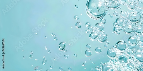 Blue Background Water Bubbles, Collagen Serum, Hyaluronic Acid Skincare Molecules. Concept Skin Hydration, Beauty Science, Water Element, Skincare Innovation, Cosmetic Ingredients