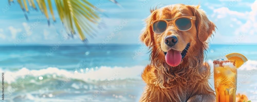 Realistic image of a dog wearing sunglasses and enjoying a cocktail on the beach. Ideal for summer, vacation, and pet-related designs. Free copy space for text. Realistic image of a dog wearing sunglasses and enjoying a cocktail on the beach. Ideal for summer, vacation, and pet-related designs. Free copy space for text.
