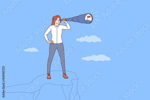 Visionary business woman with strategic thinking stands on top of cliff using spyglass. Successful girl makes visionary plans for future to develop strategy to achieve ambitious goal
