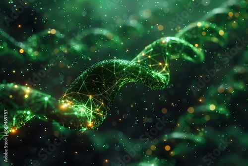 Close-up of a glowing green DNA structure, symbolizing science, genetics, and innovation. Ideal for themes of biology, research, and technology.