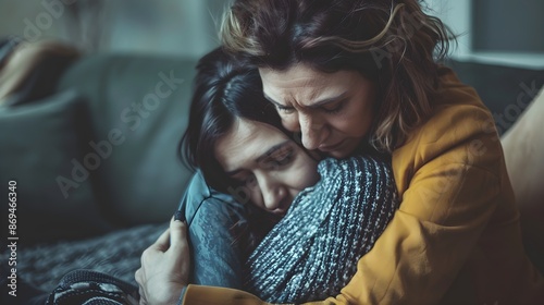 A social worker comforting a victim of domestic violence. The image portrays support and empathy in a challenging situation, banner with copyspace for text.