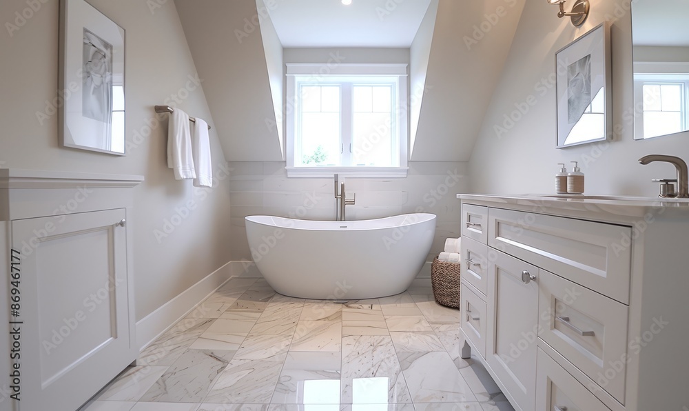 Bright bathroom with a blank canvas above the vanity