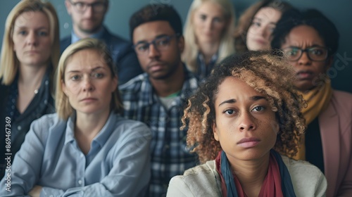 A diverse group of people in an office setting, with one person visibly excluded and looking sad. The image highlights workplace discrimination and exclusion, banner with copyspace for text. 