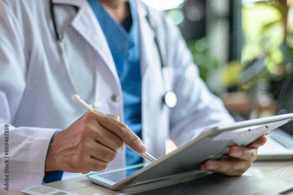 A female doctor is using a medical stethoscope and using a calculator at the desk of a clinic or hospital, equipped with a laptop computer and a digital table. The concept depicts the expenses of A female doctor is using a medical stethoscope and using a calculator at the desk of a clinic or hospital, equipped with a laptop computer and a digital table. The concept depicts the expenses of