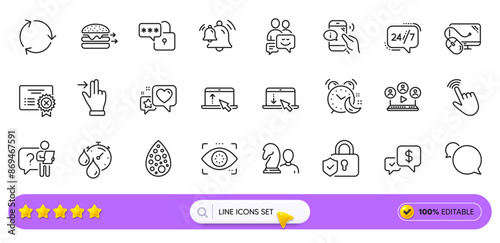 Video conference, Touchscreen gesture and Lock line icons for web app. Pack of Heart, Food delivery, Swipe up pictogram icons. 24h service, Alarm, Security lock signs. Reject certificate. Vector