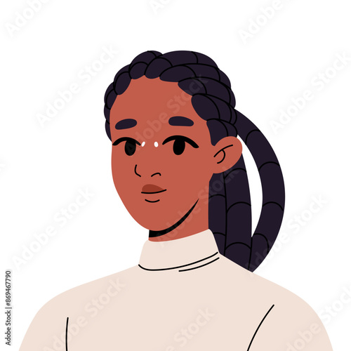 Avatar of cute girl with dreadlocks hair. Portrait of young woman with happy face, piercing. Adorable African American teenager user profile. Flat isolated vector illustration on white background