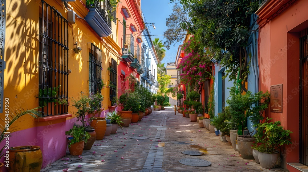 Fototapeta premium Photo of old street in Seville, Spain with colorful houses and plants. The photo shows an old street in Seville, Spain with colorful houses and plants, traditional Spanish architecture.