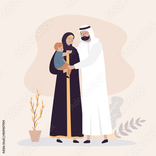 Traditional arabian young family with kid. Muslim man wearing traditional dishdash or kandura, arabian woman wearing black abaya, dress from uae or Saudi Arabia