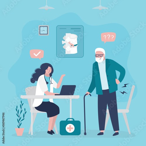 Upset aged man with back pain rheumatologist appointment. Orthopedist with elderly patient. Diagnosis and treatment, health care. Male character with spine pain visit specialistbones visit specialist.