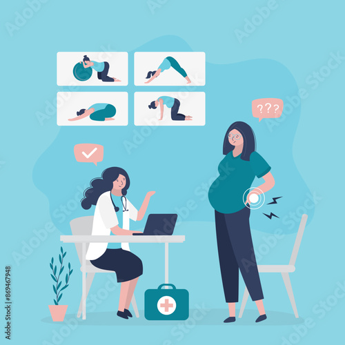 Medical advice pregnancy back pain relieve for pregnant woman. Lady with tummy stretching for back pain relieving. Infographic with pregnant girl doing yoga poses