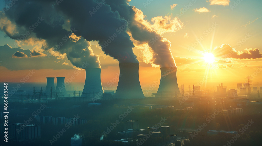 Obraz premium Futuristic thermal nuclear power plants smokestack in sunset.