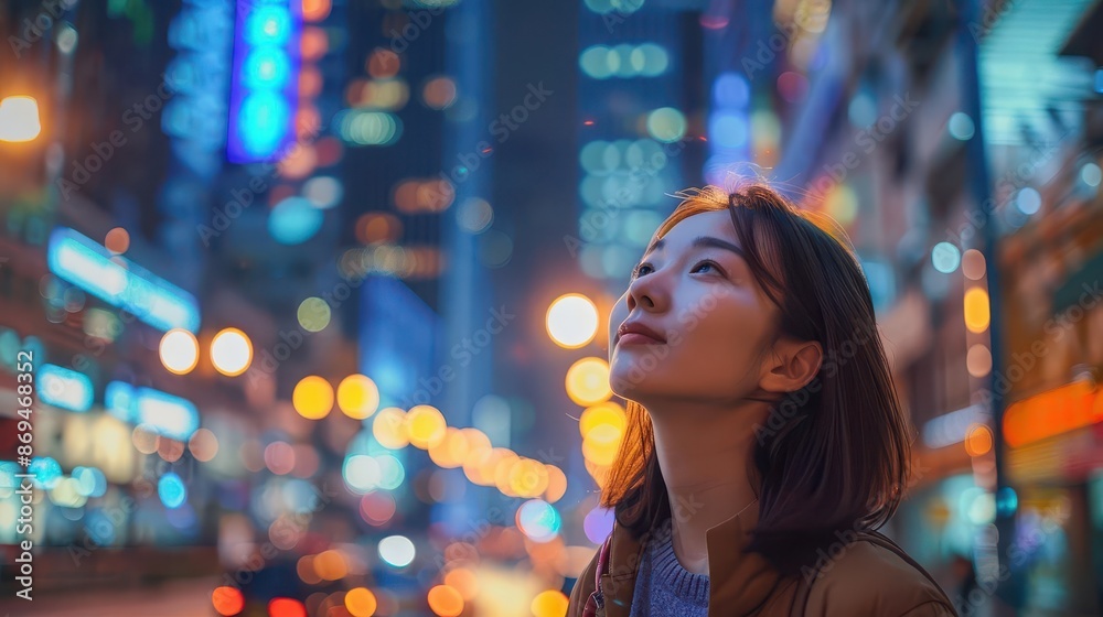 young woman standing confidently in bustling urban street skyscrapers towering above city lights and movement blur around her sense of empowerment young woman standing confidently in bustling urban street skyscrapers towering above city lights and movement blur around her sense of empowerment