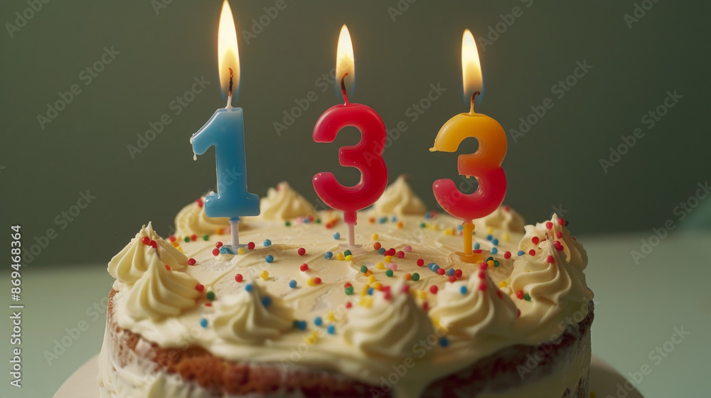 A birthday cake with three candles, each shaped like the number A birthday cake with three candles, each shaped like the number