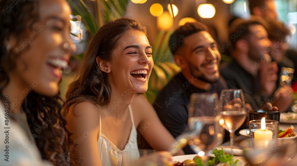 A multiracial group of friends laughing and enjoying a meal together. The image celebrates diversity and friendship, with a warm, inclusive atmosphere, banner with copyspace for text. A multiracial group of friends laughing and enjoying a meal together. The image celebrates diversity and friendship, with a warm, inclusive atmosphere, banner with copyspace for text.
