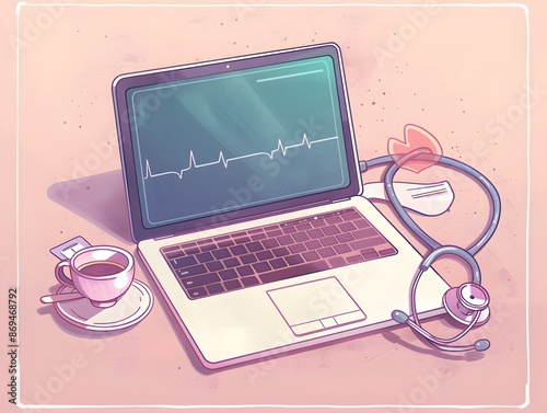 A laptop displaying a heart rate monitor, a stethoscope, and a cup of coffee.  Telemedicine, healthcare technology, or remote doctor appointments concept. photo