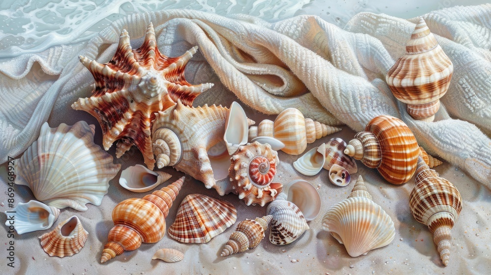Seashell collection on beach towel, beach treasures Seashell collection on beach towel, beach treasures