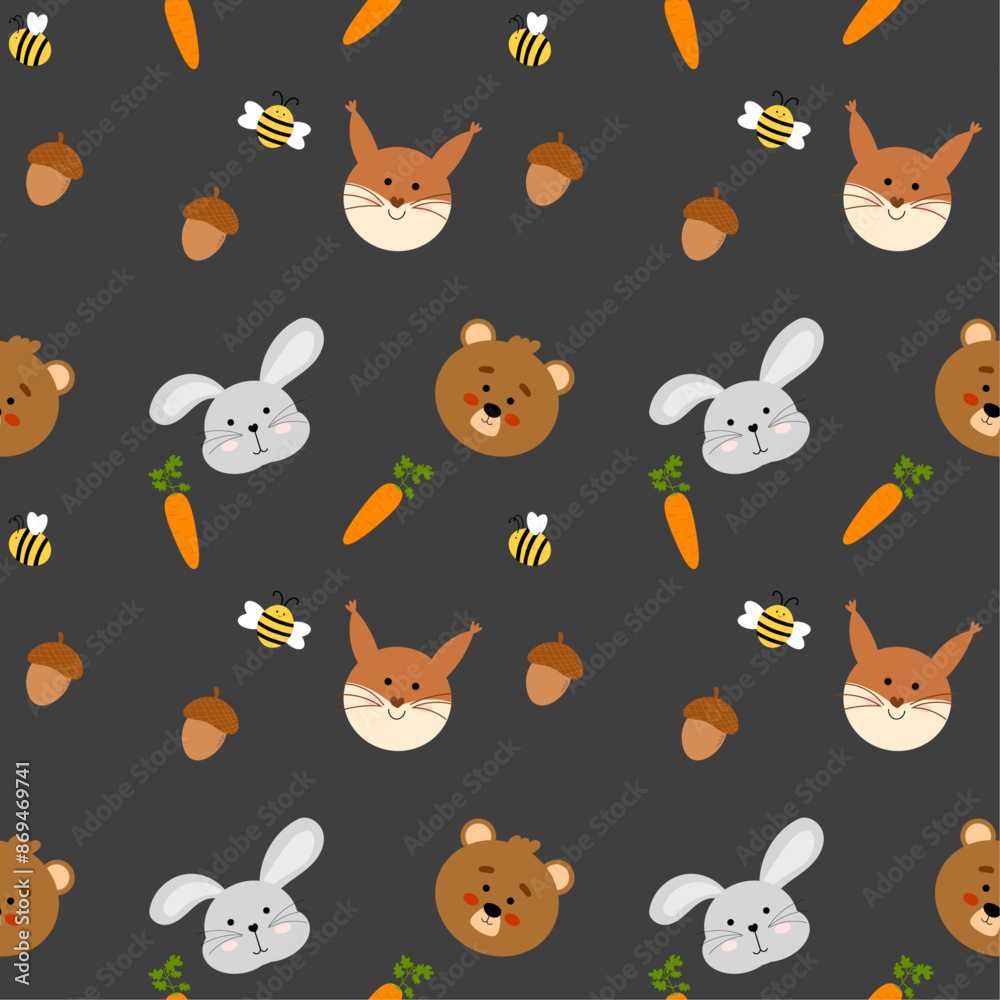 Seamless pattern with hand drawn bear, rabbit, squirrel, flowers, carrot, acorn and bee. Funny kids print for interior design, textile. Cute vector background. Seamless pattern with hand drawn bear, rabbit, squirrel, flowers, carrot, acorn and bee. Funny kids print for interior design, textile. Cute vector background.