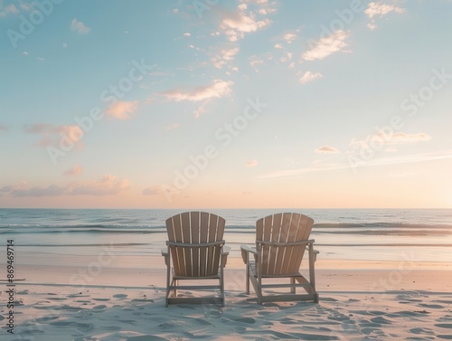 serene beach scene at golden hour two empty chairs facing the ocean pastel sky with wispy clouds tranquil atmosphere