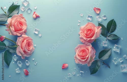 Pink Roses and Water Droplets on a Light Blue Background