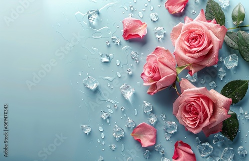Pink Roses and Water Droplets on a Light Blue Background