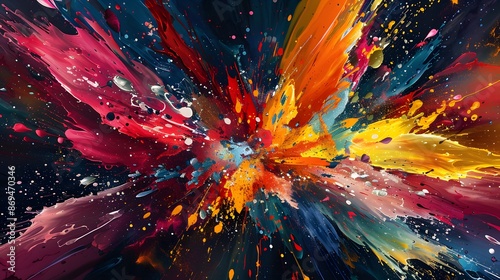 Vibrant explosion of colors, showcasing the dynamic energy and excitement in motion. Colorful splash art with abstract shapes, capturing an energetic atmosphere.