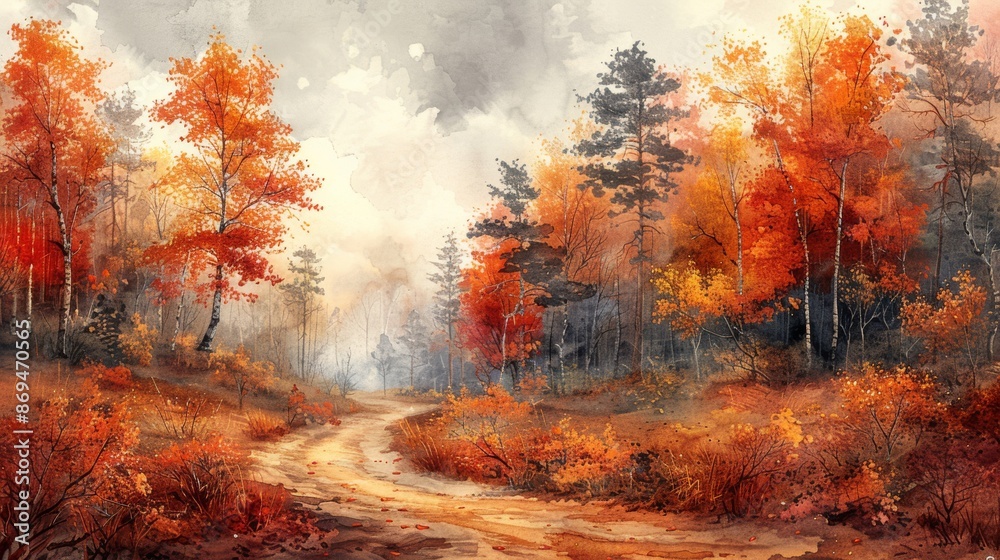Watercolor painting of a winding path through a forest in autumn, copy space banner, vintage background Watercolor painting of a winding path through a forest in autumn, copy space banner, vintage background