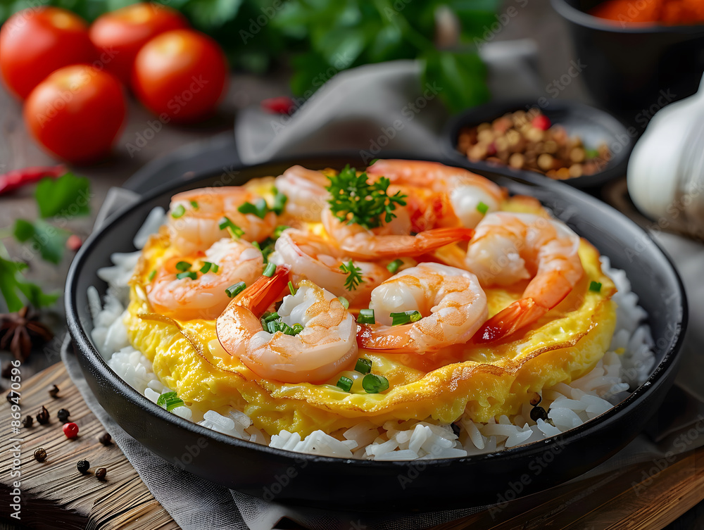 Shrimp omelet on hot steamed rice in a black plate on a wooden table. Shrimp omelet on hot steamed rice in a black plate on a wooden table.