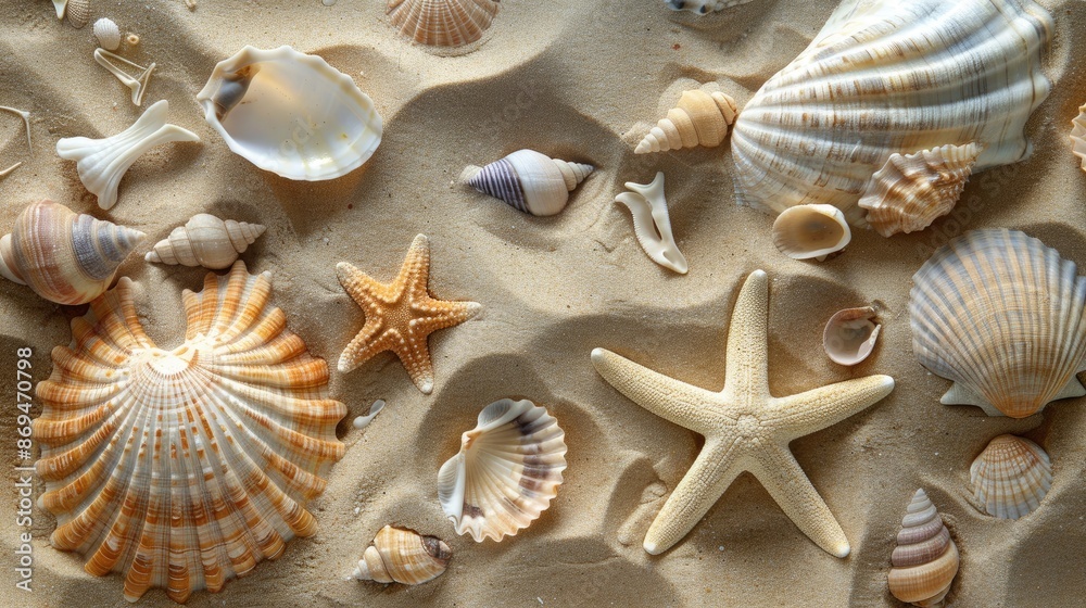 Starfish and seashells in sand, beach treasures Starfish and seashells in sand, beach treasures