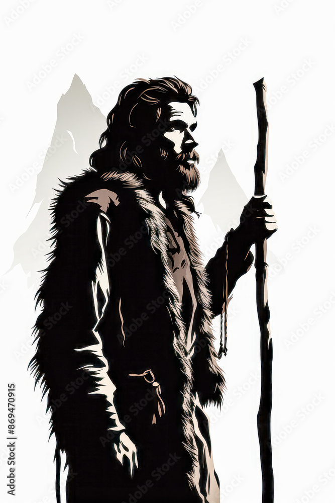 Fototapeta premium Silhouette of a Primitive Man Holding a Spear