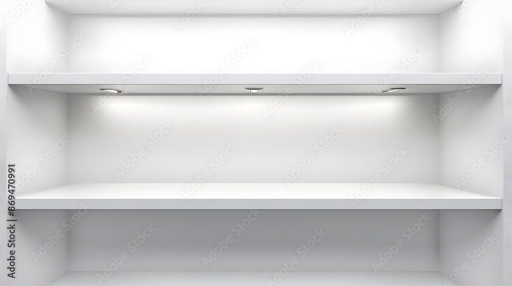 White empty shelves on a wall in a shop, a shelf for product display. A vector background with copy space for advertising and design. White empty shelves on a wall in a shop, a shelf for product display. A vector background with copy space for advertising and design.