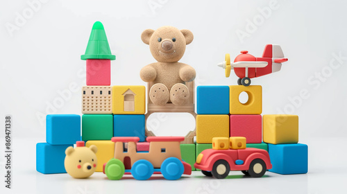 3D icon set of toys for kids, toy train and ball, teddy bear, castle, building blocks in different colors on white background © MdArif