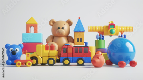 3D icon set of toys for kids, toy train and ball, teddy bear, castle, building blocks in different colors on white background © MdArif