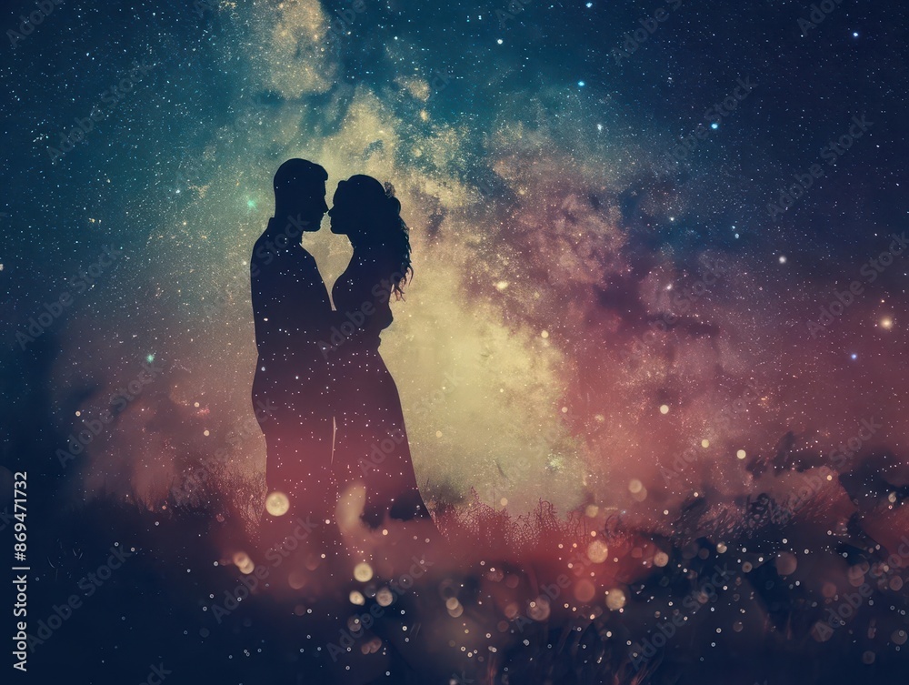 silhouette of romantic couple embracing under starry night sky soft glow emanating from their intertwined forms creating a magical and ethereal atmosphere silhouette of romantic couple embracing under starry night sky soft glow emanating from their intertwined forms creating a magical and ethereal atmosphere